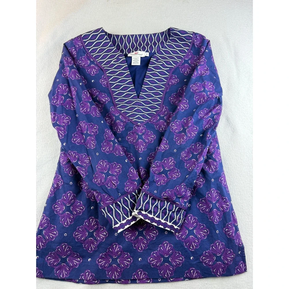 Vineyard Vines Women's Tunic Top Size 4 Blue Purple Floral V Neck Long Sleeve - Picture 1 of 9